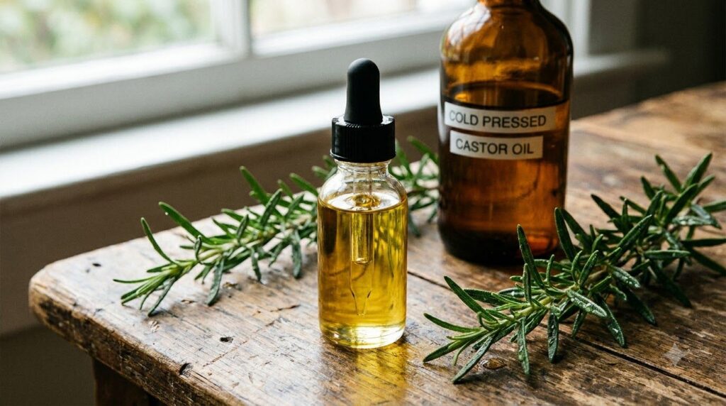 Close-up of a small glass dropper bottle containing a homemade hair oil surrounded by fresh rosemary sprigs and a bottle