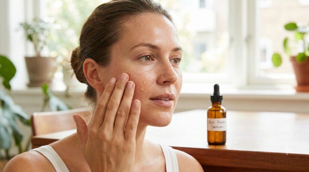 A woman gently massaging a few drops of homemade serum onto her clean face with a dropper bottle in the background showc