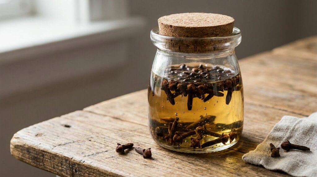 A small glass jar filled with dried whole cloves submerged in a clear carrier oil sitting on a wooden surface with soft 