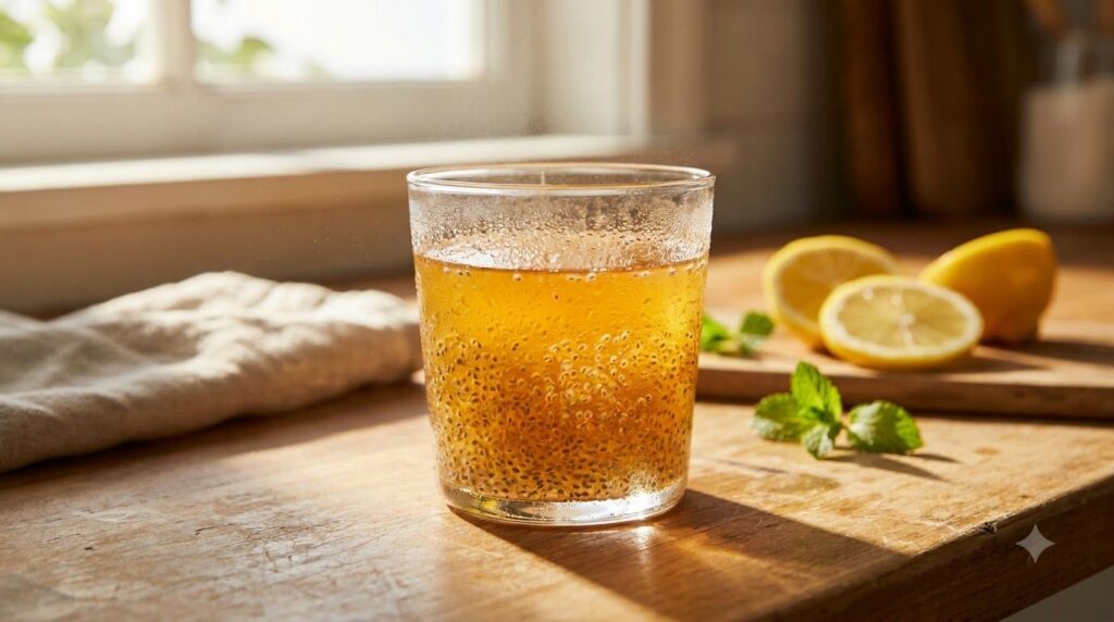 A close-up of the Morning Glow Drink in a clear glass showing a light amber liquid with plumped chia seeds ready to drin