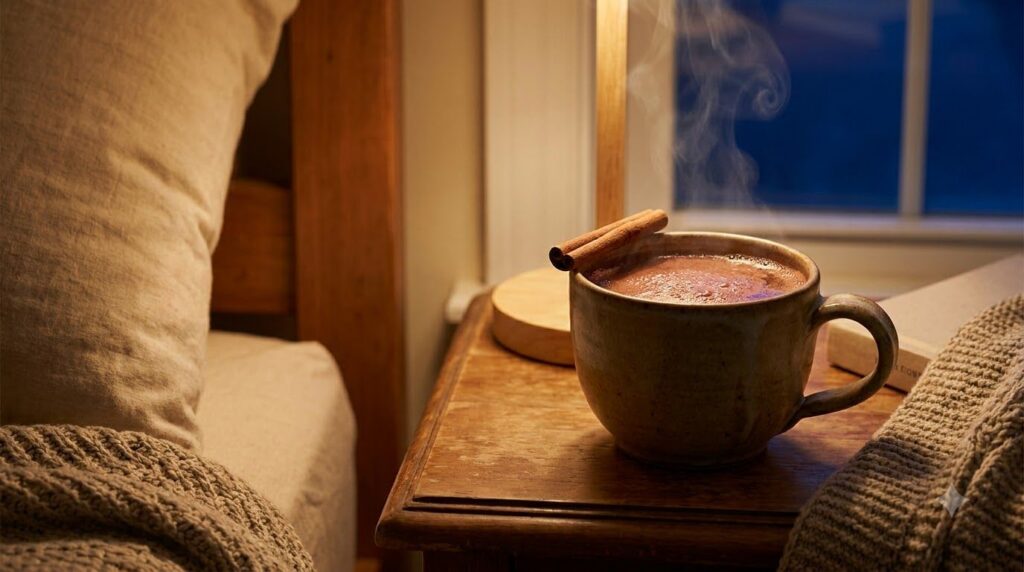 A warm Night Collagen Drink in a cozy mug with a cinnamon stick visible steaming gently creating a soothing evening atmo