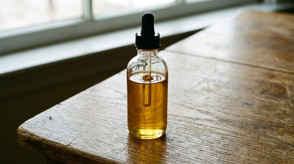 A single transparent dropper bottle containing the final golden glow serum with a label on a wooden surface