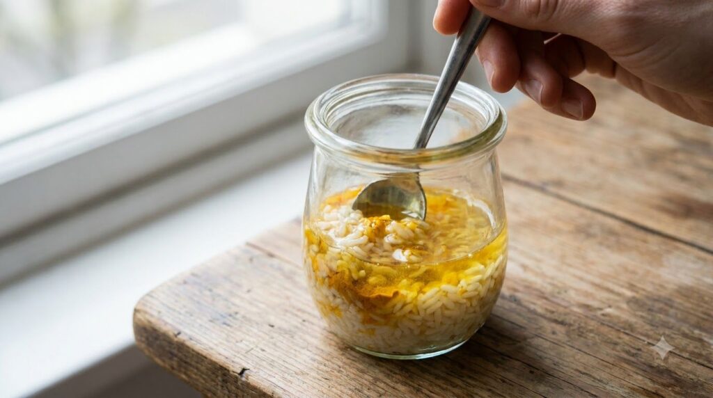 Close-up of a small transparent bottle containing white rice grains yellow turmeric powder and golden baby oil being sti