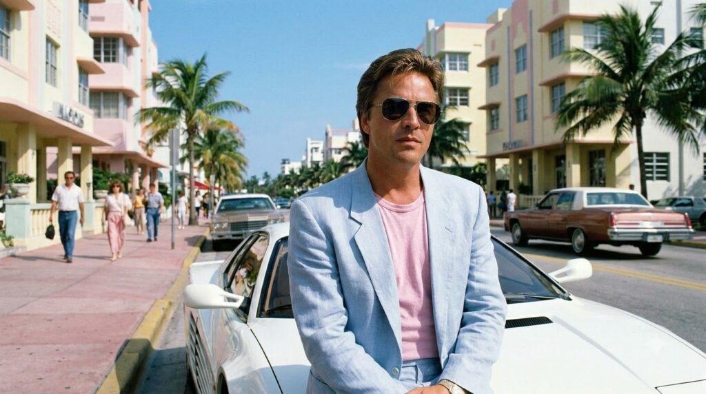 Don Johnson as Detective Sonny Crockett in Miami Vice wearing a pastel suit t-shirt and sunglasses standing next to a sp