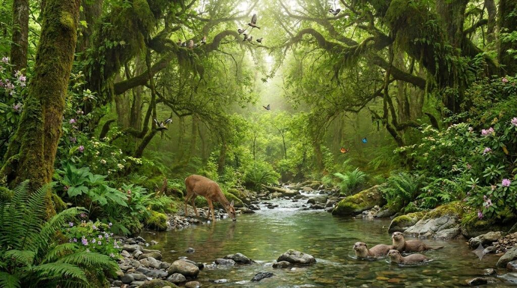 A diverse and healthy ecosystem perhaps a lush forest with clean water and various animals representing a thriving envir