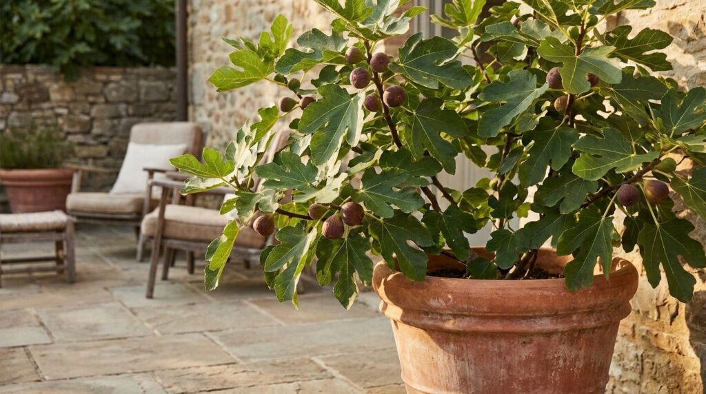 A healthy thriving fig tree in a large container on a sunny patio with ripening figs visible among the lush green leaves