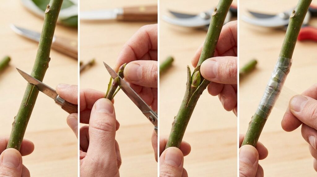 A visual diagram illustrating the step-by-step process of bud grafting showing the T-cut bud insertion and wrapping