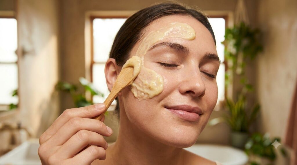 A close-up shot of a creamy yellow banana and honey face mask being applied to a clean fresh face The background is soft