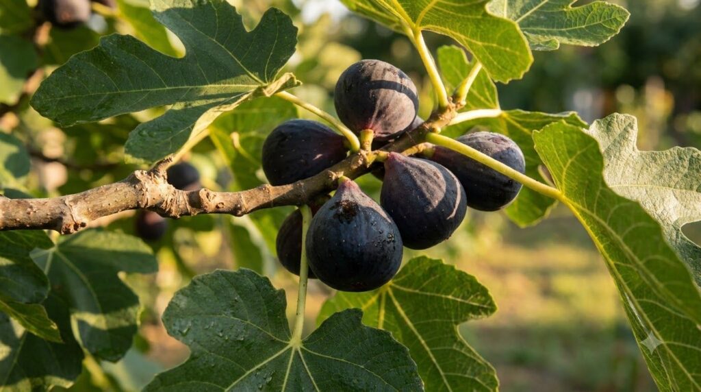 A close-up of several ripe dark purple figs hanging from a branch with lush green leaves in the background
