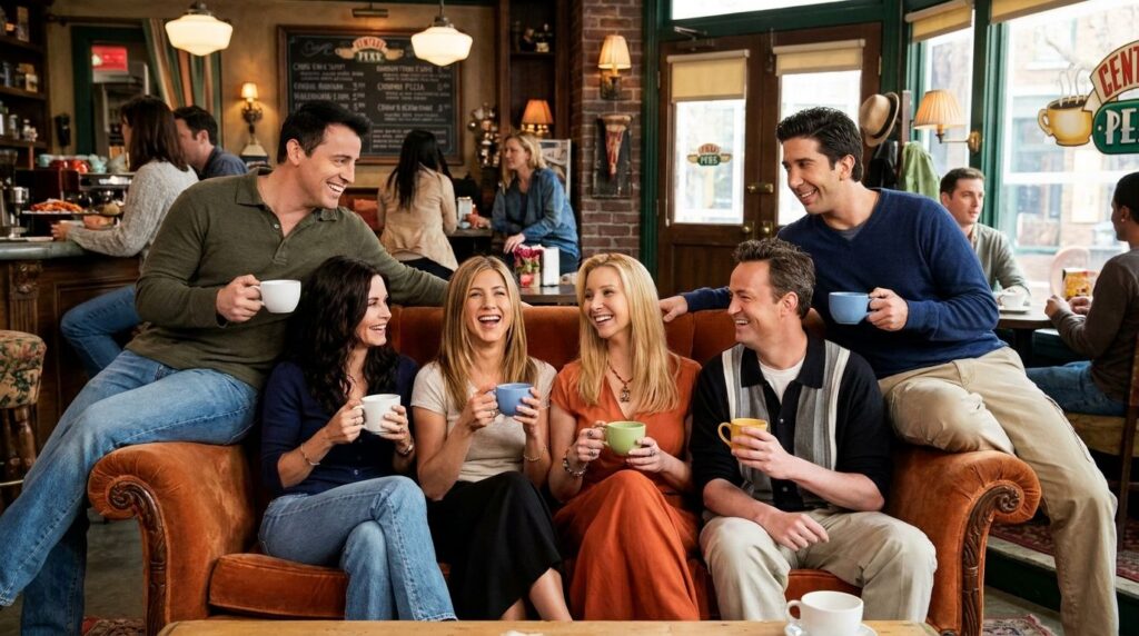 The cast of Friends sitting on the orange couch in Central Perk smiling and looking iconic