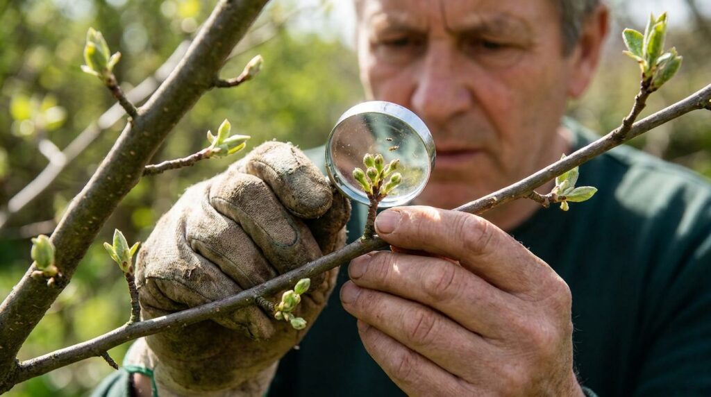 A gardener inspecting new tree buds for signs of pests or disease using a magnifying glass