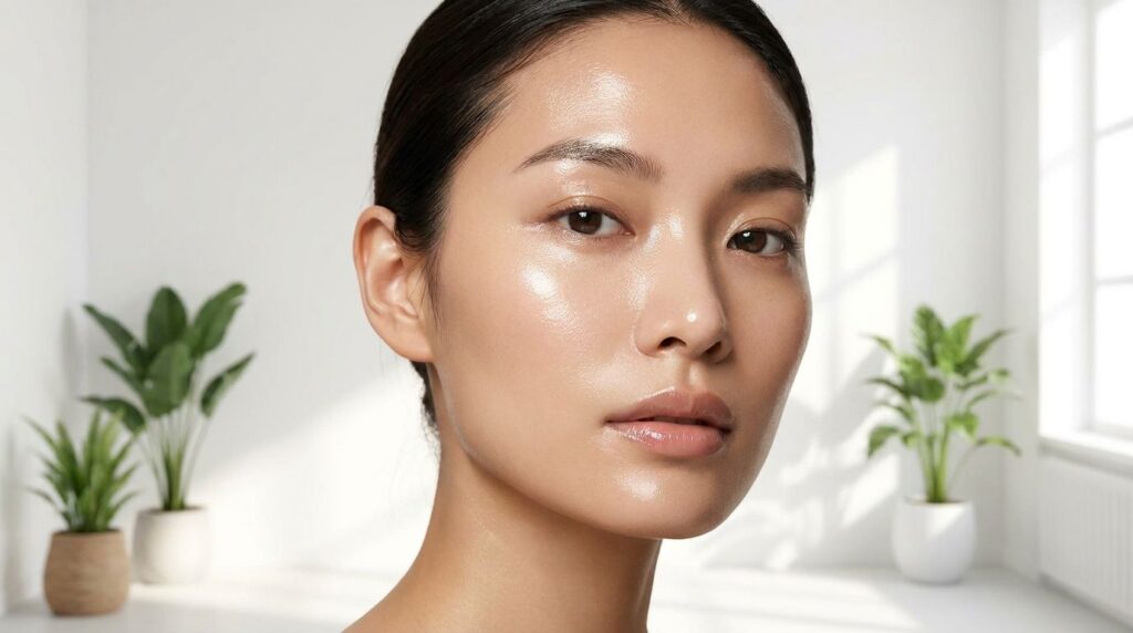 A woman s face glowing with a dewy smooth complexion demonstrating the glass skin effect with soft natural lighting
