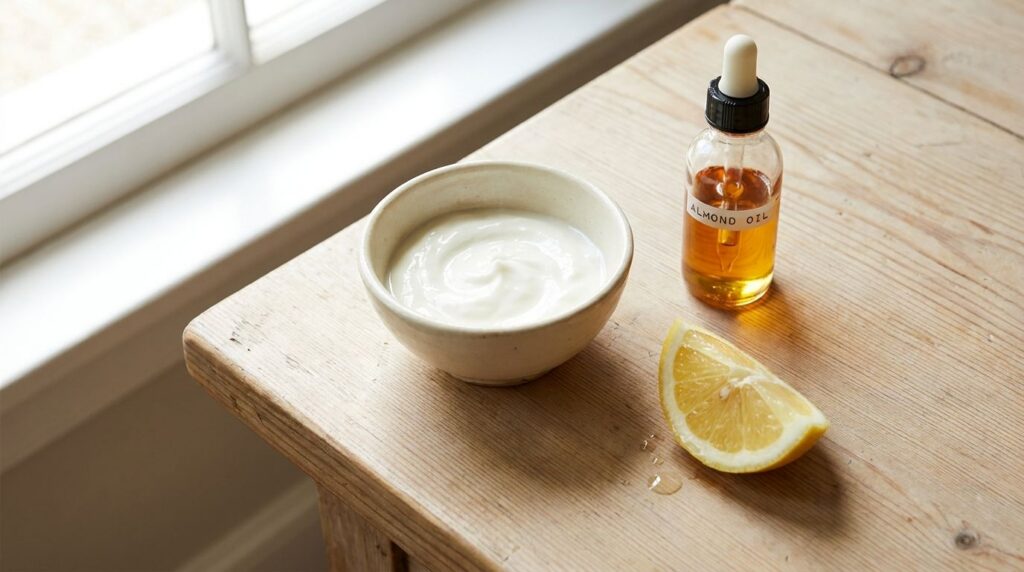 Close-up of a small bowl containing a creamy white mix with a lemon wedge and a small bottle of almond oil beside it on 