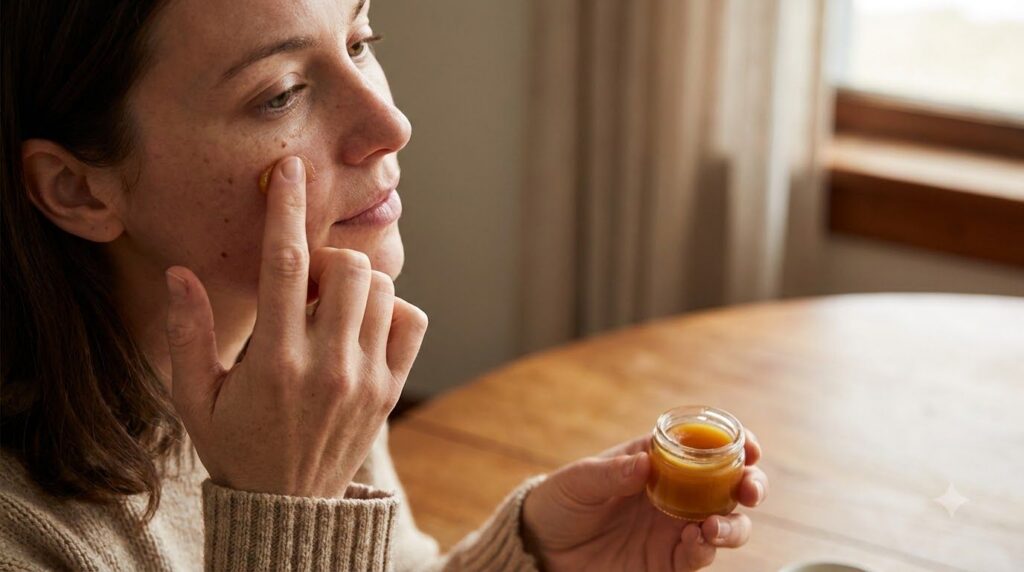 A woman applying a small amount of homemade balm to her cheek demonstrating a patch test with a focused and gentle expre