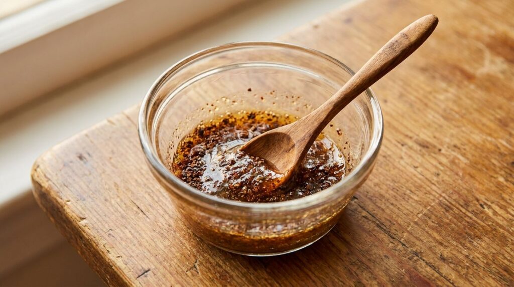 Close-up of a DIY beauty mixture with cloves and honey gently stirred in a small bowl
