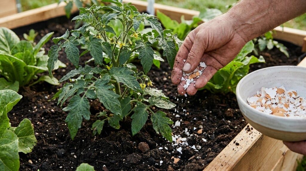 A gardener adding crushed eggshells around the base of a healthy tomato plant in a raised garden bed