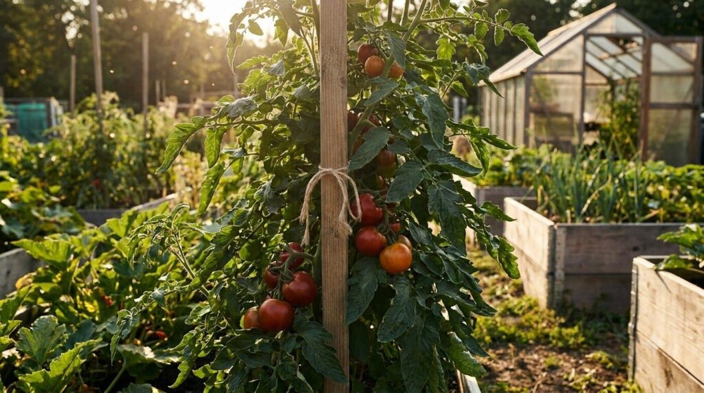 A lush healthy tomato plant laden with ripening fruits securely staked with sunlight filtering through its leaves