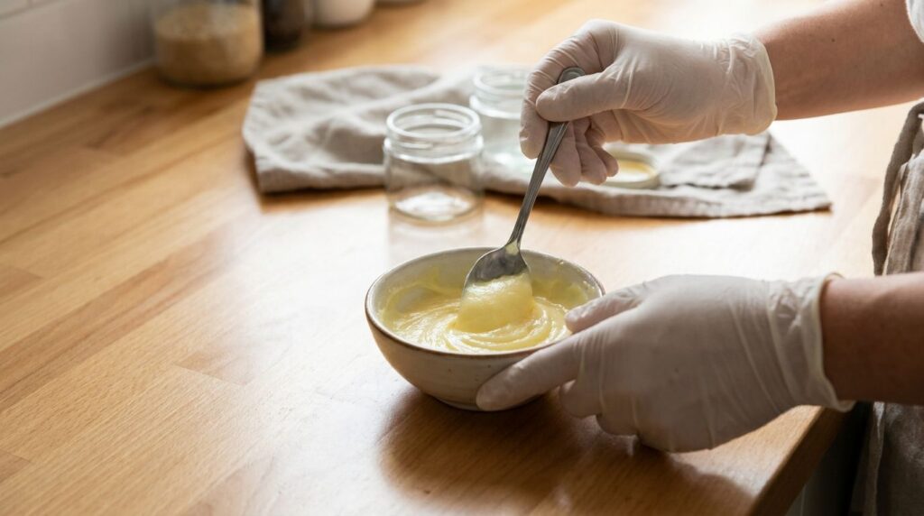 A person s hands are mixing the yellow Vaseline blend in a small bowl with a spoon The texture is creamy and smooth and 