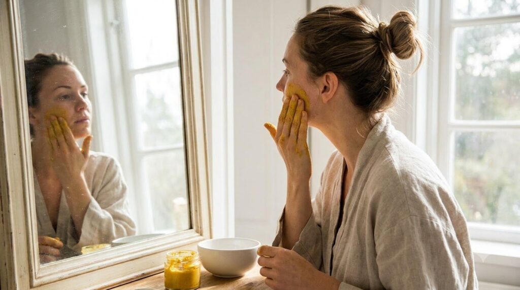 A woman gently applying the yellow-tinted Vaseline and turmeric blend to her cheek with her fingertips looking into a mi