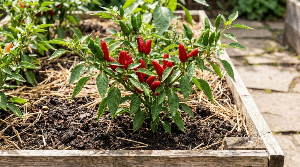 A vibrant chili pepper plant heavily laden with ripe red and green peppers growing in a sunny garden bed with visible he