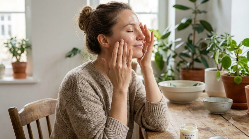 A woman gently massaging a small amount of a homemade Vaseline and Vitamin E mixture onto her clean face with a soft glo