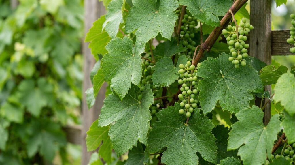 A gardener inspecting healthy lush green grape leaves and developing grape clusters on a thriving vine