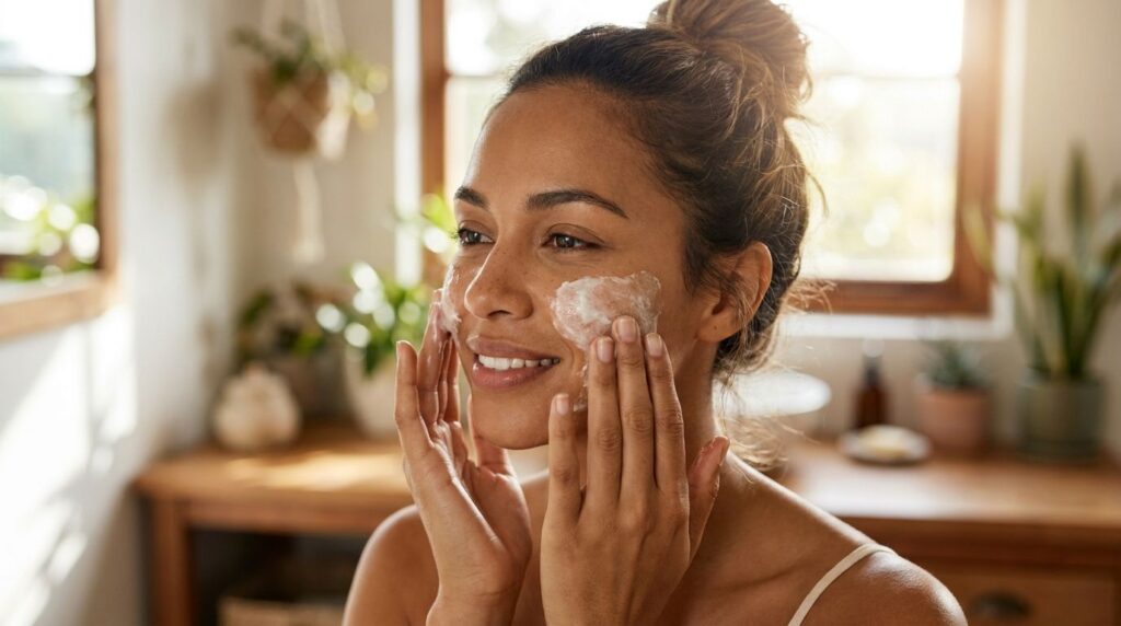 A woman gently applying a homemade face mask to her clean skin with a glowing soft complexion visible emphasizing a self