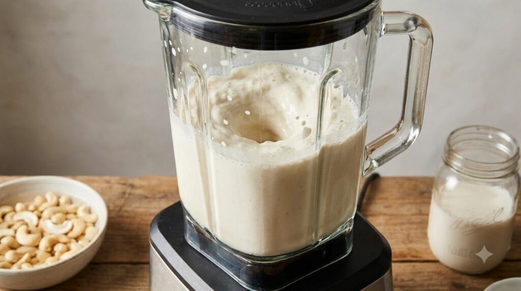A high-speed blender blending soaked cashews with plant milk into a smooth creamy vegan sauce