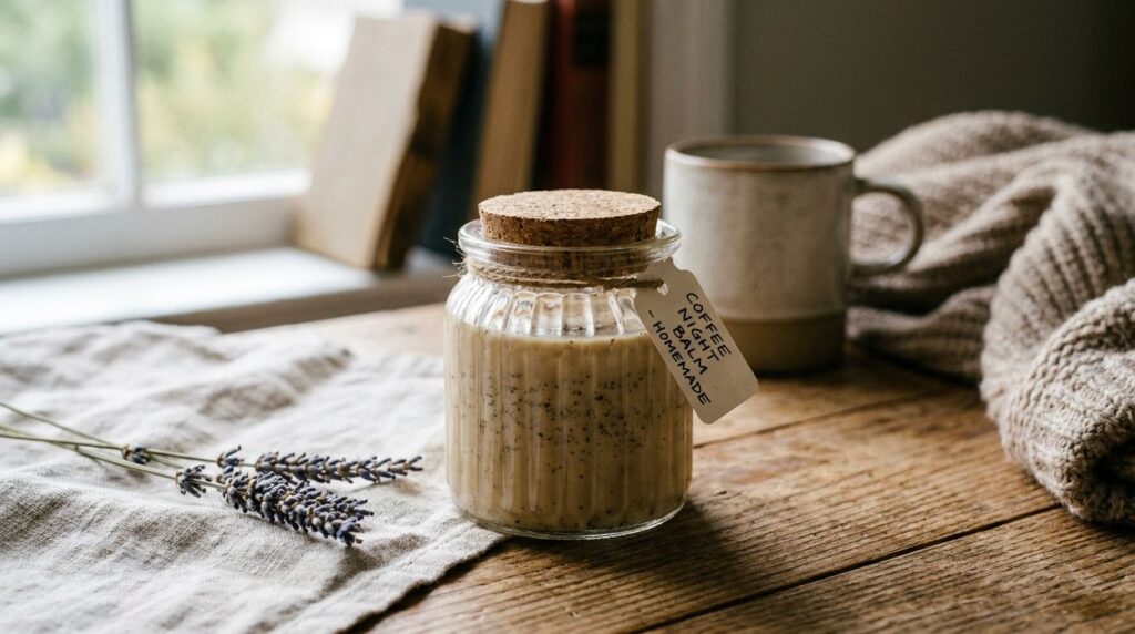 A small elegant glass jar filled with the finished DIY coffee night balm with a smooth rich texture and subtle coffee sp