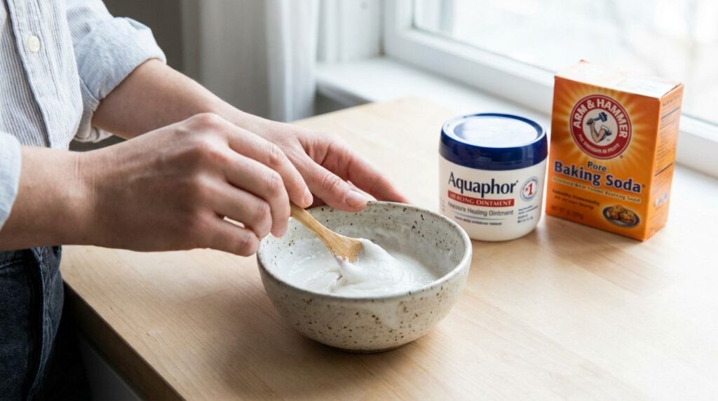 Hands mixing a white paste in a small ceramic bowl with a tub of Aquaphor and a box of baking soda blurred in the backgr