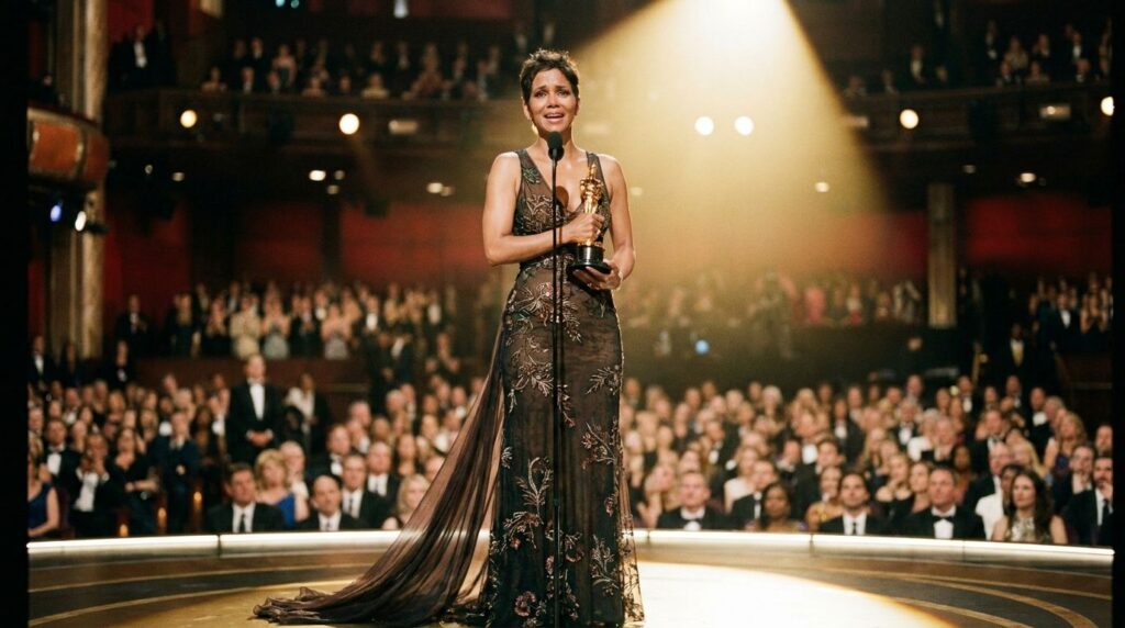 Halle Berry holding her Academy Award for Best Actress looking emotional and triumphant