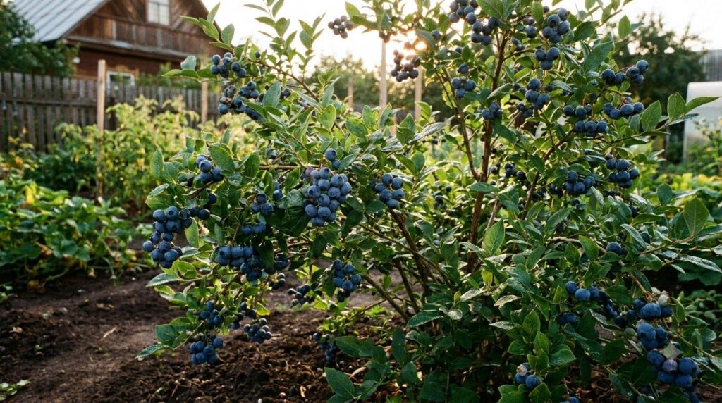 A healthy blueberry bush laden with ripe blueberries surrounded by green leaves in a garden setting