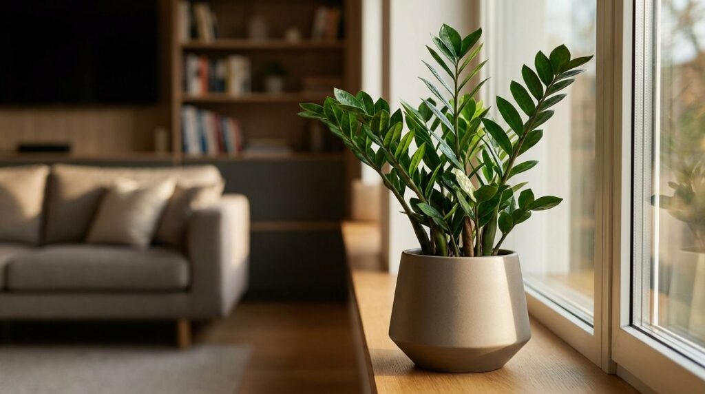 A healthy ZZ plant with lush green leaves thriving in a decorative pot on a bright windowsill