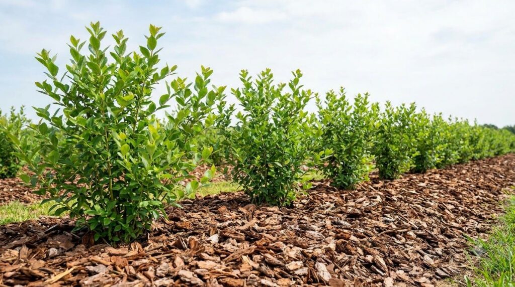 A row of young blueberry bushes planted in a garden bed clearly showing their spacing and healthy green foliage The soil