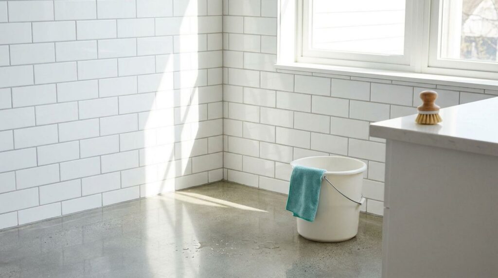 Una superficie de pared y suelo de cocina impecablemente limpia brillante y libre de moho o suciedad después de haber si