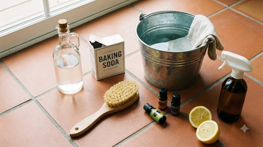 Varios productos de limpieza como una botella de vinagre una caja de bicarbonato de sodio un cepillo de cerdas duras y u