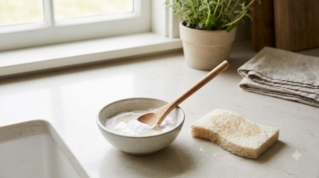 A kitchen counter with baking soda dish soap and a bowl for mixing A sponge is ready to be used