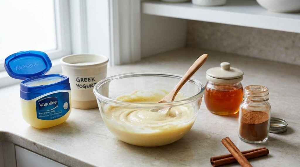 A close-up of a glass bowl containing a creamy light-yellow homemade face mask mixture with a small wooden spoon resting