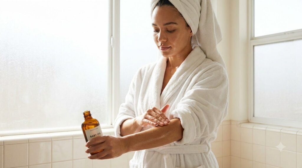A woman applying baby oil with a gentle massaging motion to her arm after a shower