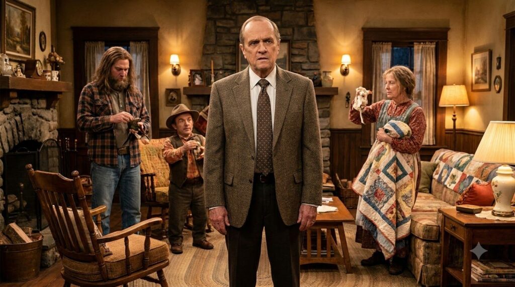 Bob Newhart as Dick Loudon from the Newhart TV show looking slightly bewildered while standing in the living room of the