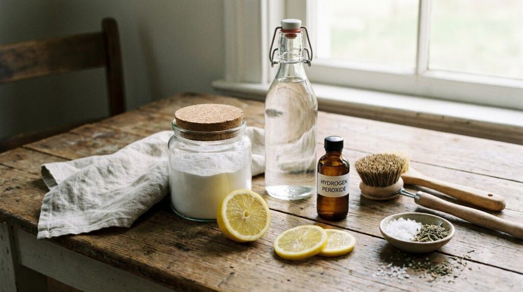 Various natural cleaning ingredients such as baking soda white vinegar lemons and a small bottle of hydrogen peroxide ar