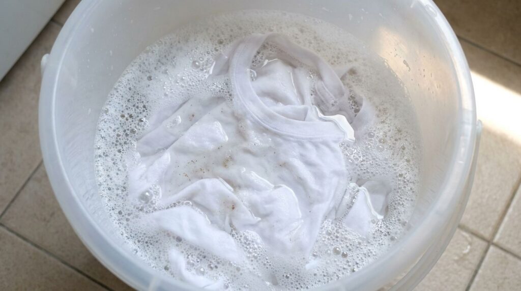 A white t-shirt being soaked in a large plastic bucket filled with a bubbly clear cleaning solution The t-shirt is subme