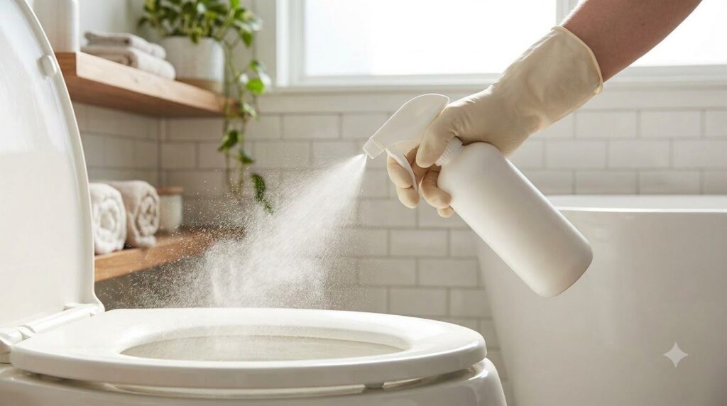 A person spraying a toilet bowl with a natural cleaning solution from a spray bottle