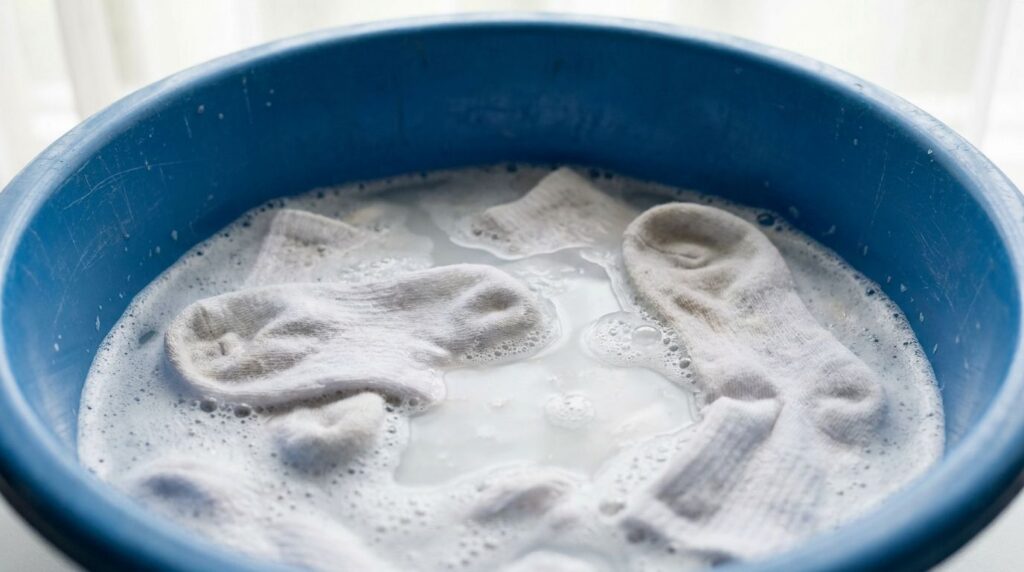 White socks soaking in a blue basin with frothy bubbly water indicating a pre-soak cleaning step