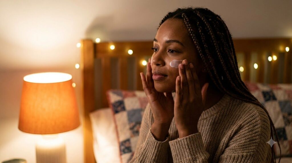 A woman gently applying a thin layer of cream to her clean face before bedtime with a soft warm glow in the background
