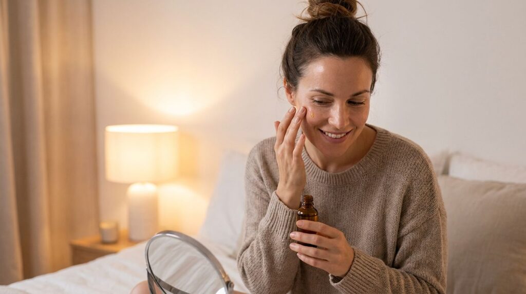 A woman gently applying a small amount of night oil to her face with her fingertips before bed showing smooth glowing sk