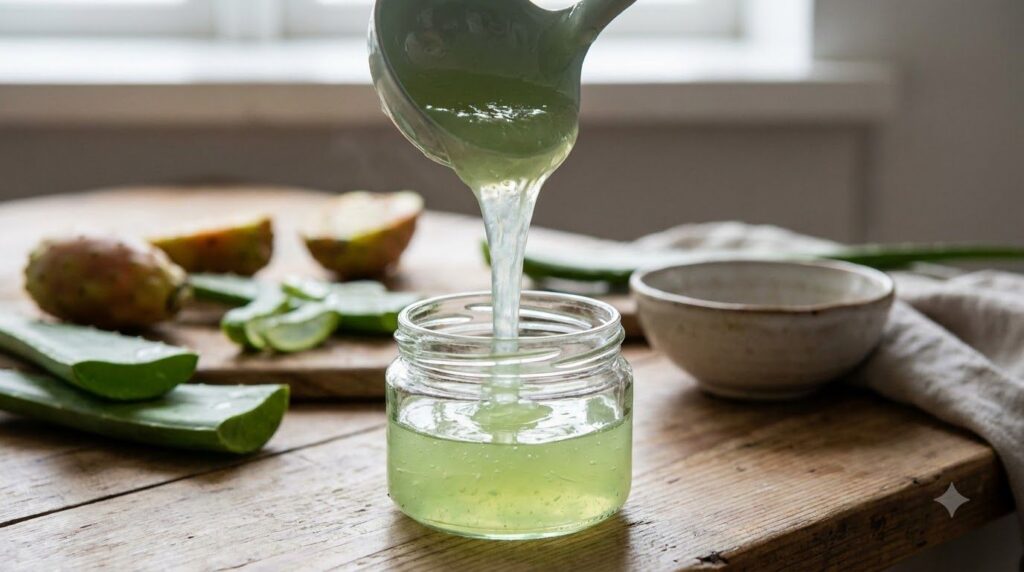 A close-up of a smooth translucent light green gel being poured into a small glass jar with fresh aloe vera and prickly 