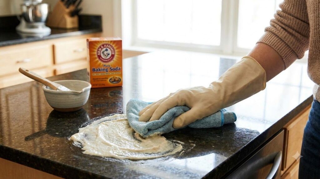 Una persona limpiando una encimera de cocina con una pasta de bicarbonato de sodio y un paño de microfibra dejando la su