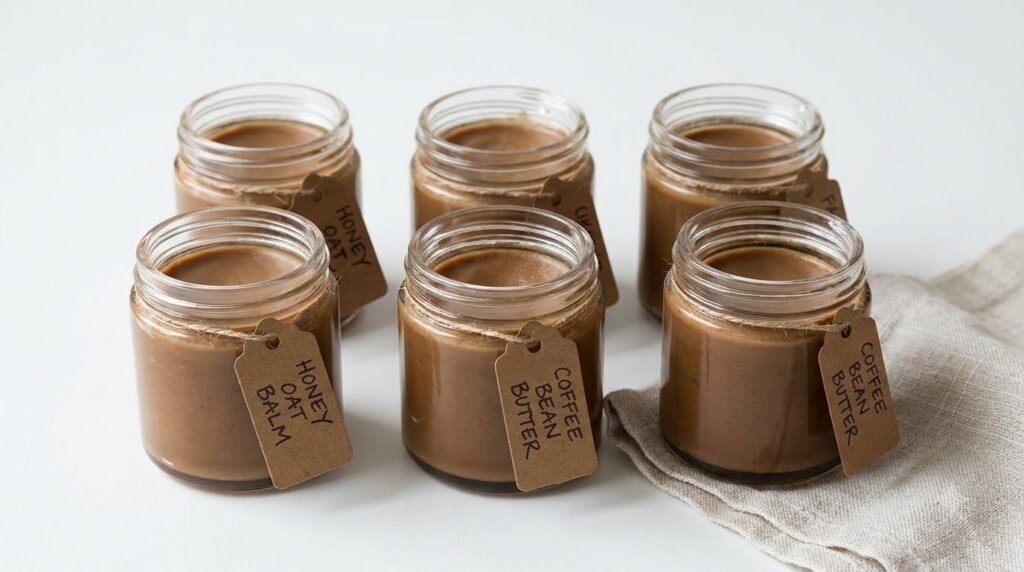 Small labeled jars containing a homemade Vaseline coffee and castor oil mixture ready for storage and use