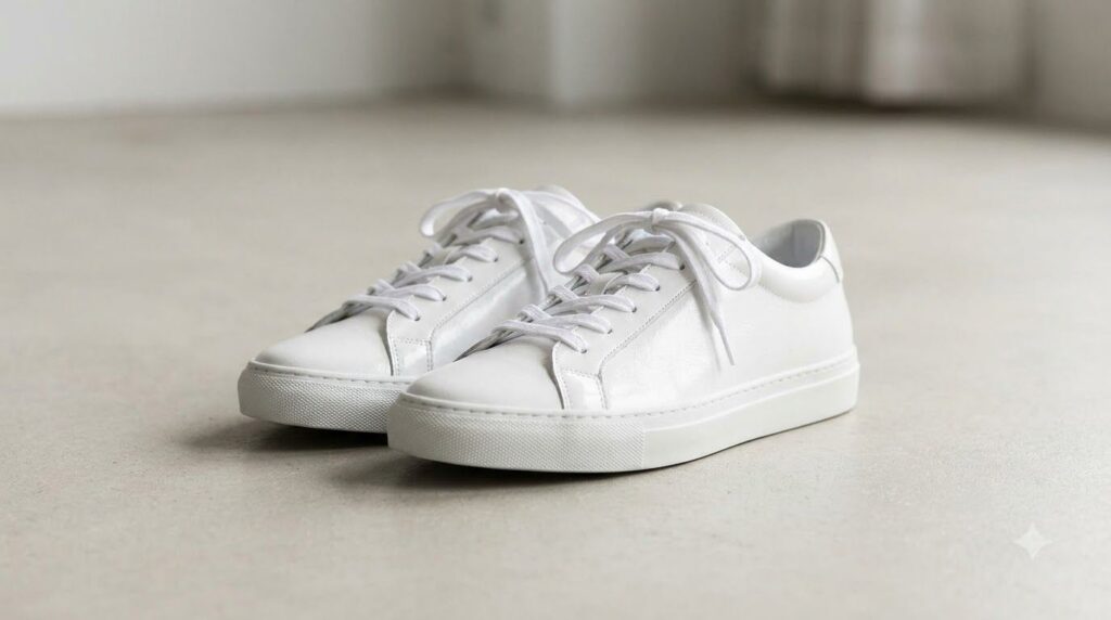 A pair of perfectly white and clean sneakers sparkling under bright light placed on a clean surface There is a visible c